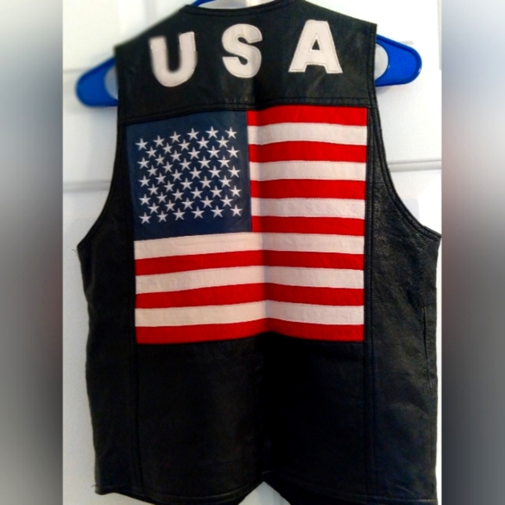 Genuine Black Leather Vest with Leather USA Flag.